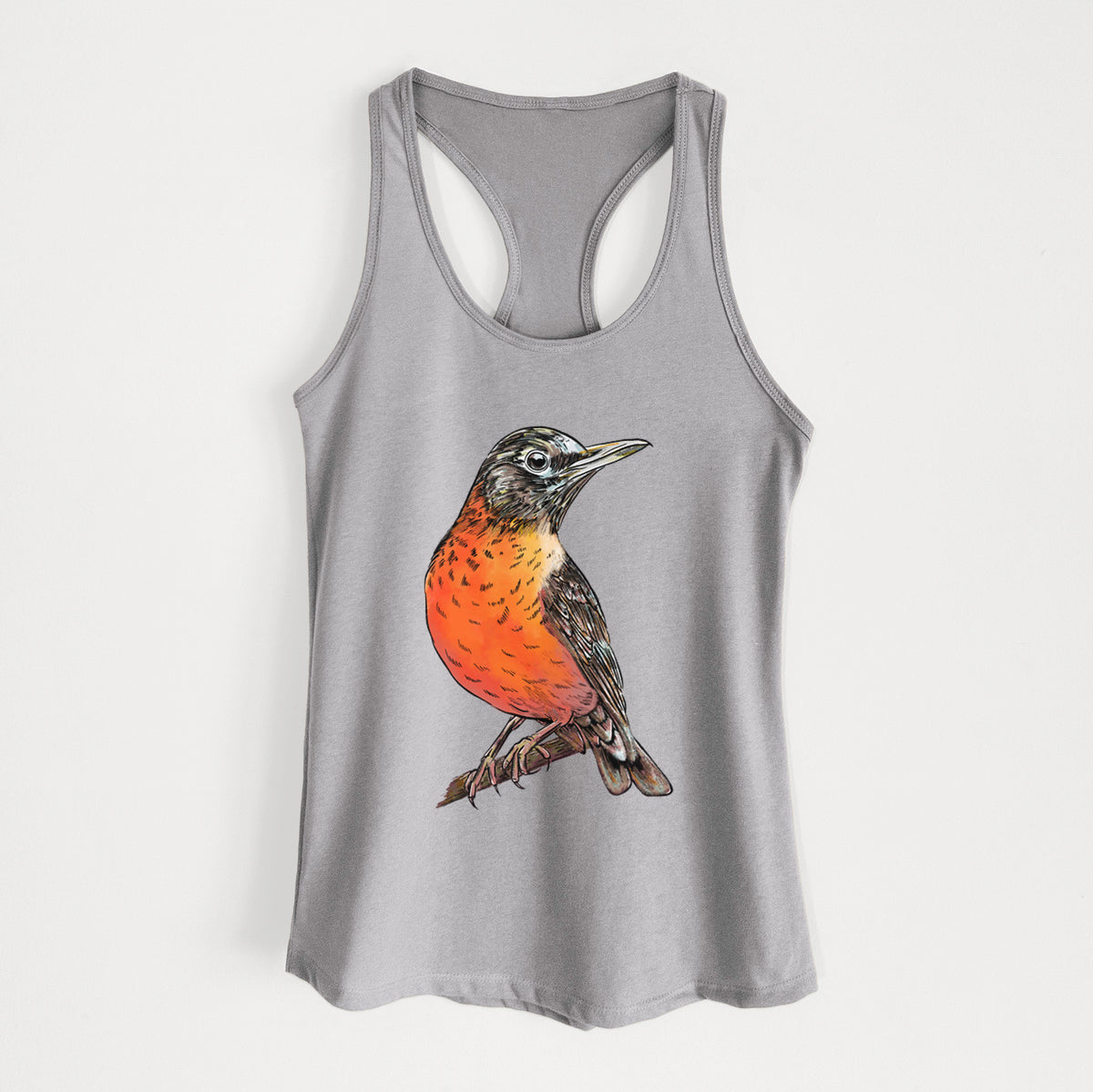 Heather grey women's racerback tank top laid flat, printed with a full-color illustration of an American robin with an orange breast perched on a branch.