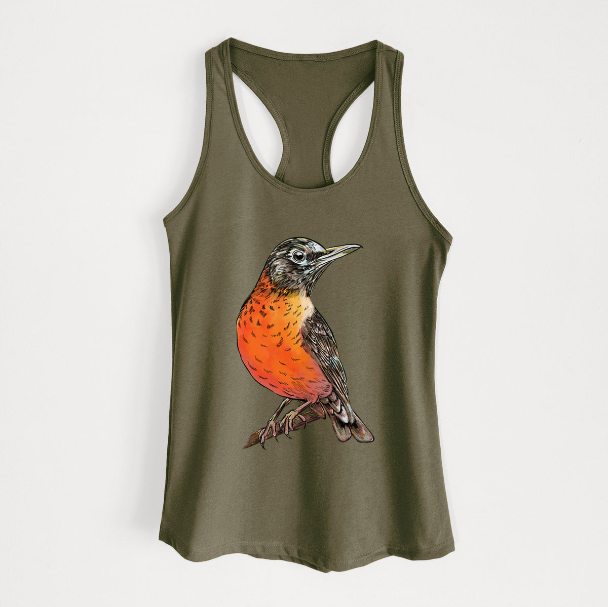 Military green women's racerback tank top laid flat, printed with a full-color illustration of an American robin with an orange breast perched on a branch.