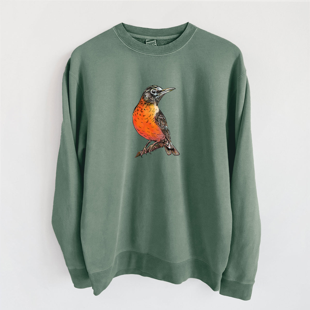 Vibrant American Robin - Turdus migratorius - Unisex Pigment Dyed Crew Sweatshirt in Alpine Green