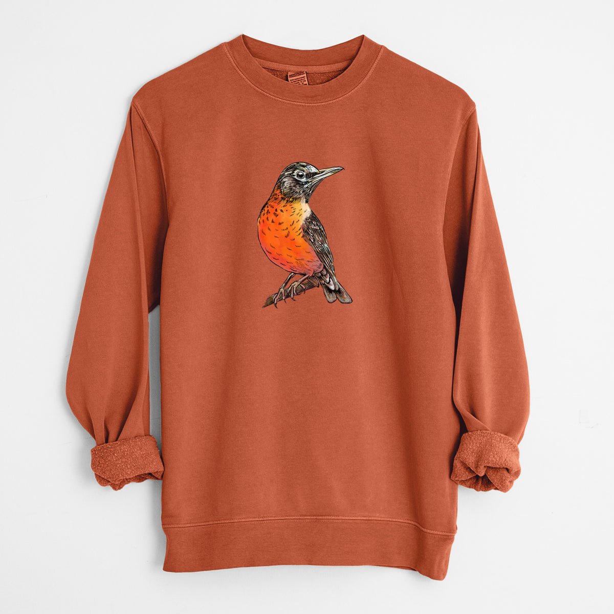 Vibrant American Robin - Turdus migratorius - Unisex Pigment Dyed Crew Sweatshirt in Amber