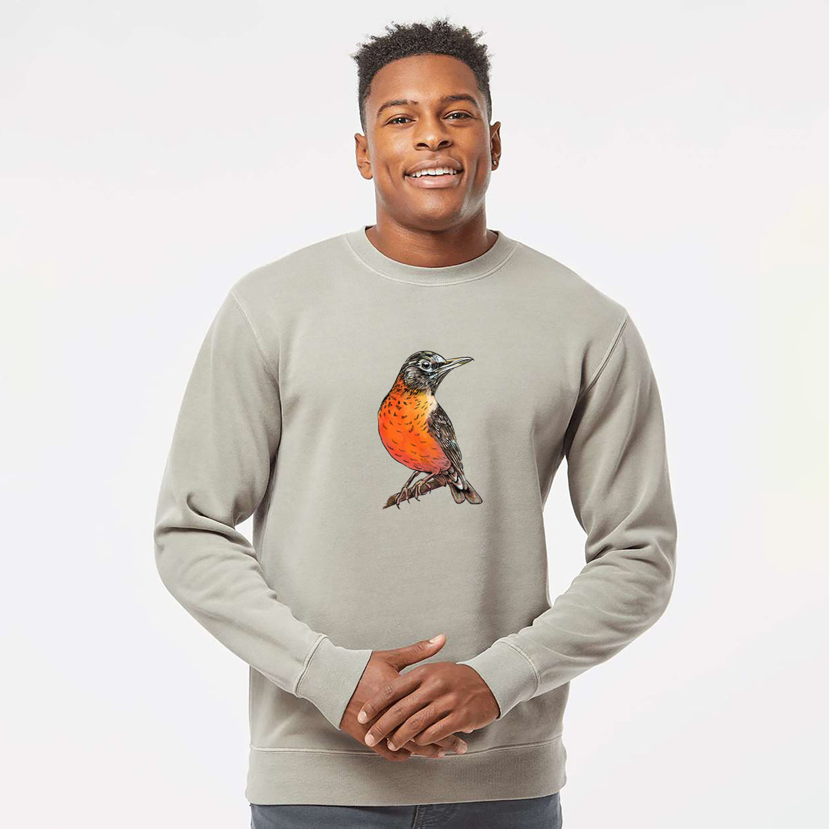 Vibrant American Robin - Turdus migratorius - Unisex Pigment Dyed Crew Sweatshirt in Cement