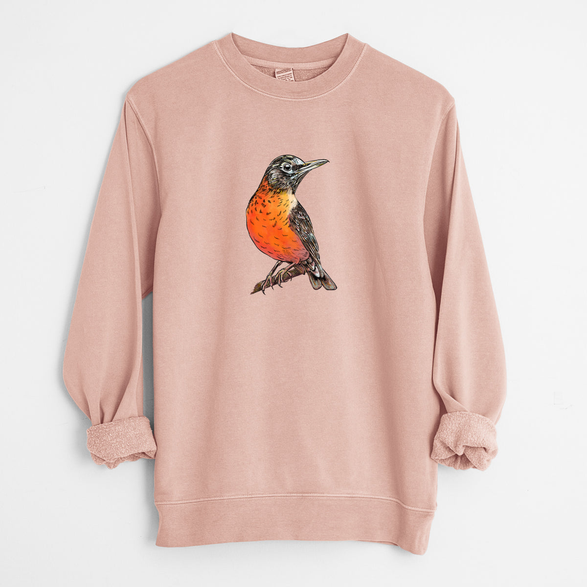 Vibrant American Robin - Turdus migratorius - Unisex Pigment Dyed Crew Sweatshirt in Dusty Pink