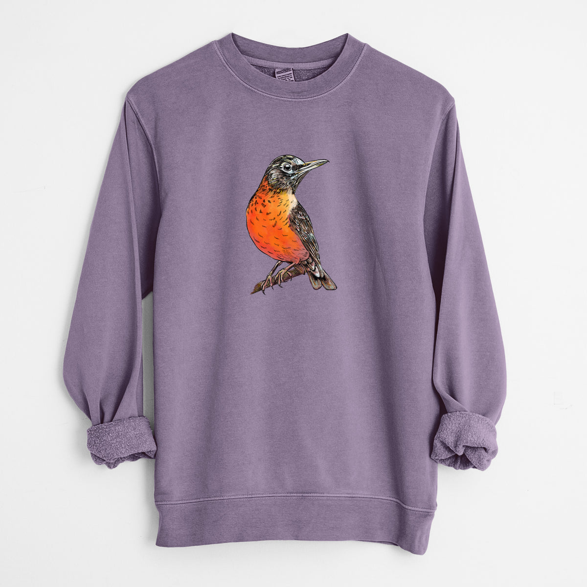Vibrant American Robin - Turdus migratorius - Unisex Pigment Dyed Crew Sweatshirt in Plum