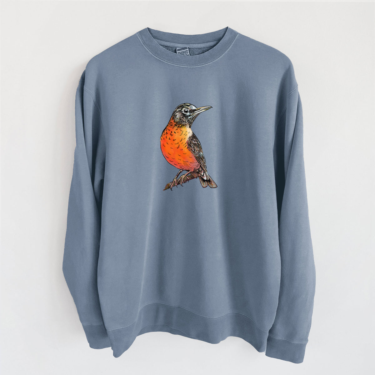Vibrant American Robin - Turdus migratorius - Unisex Pigment Dyed Crew Sweatshirt in Slate Blue