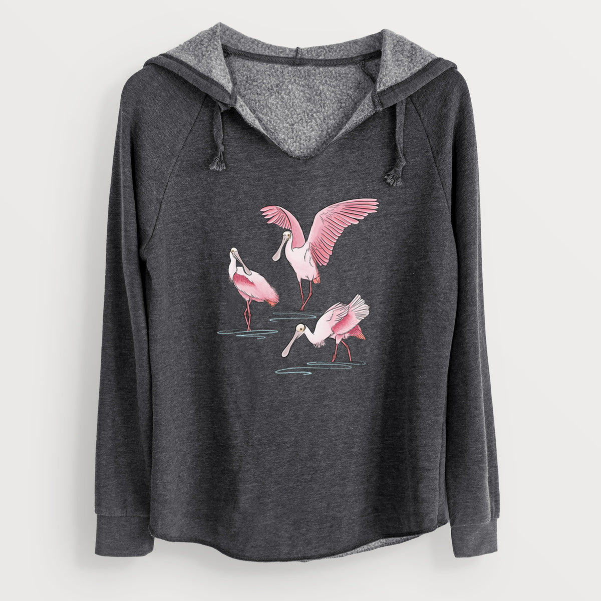 Charcoal grey women's Cali Wave hooded sweatshirt laid flat, printed with a full-color illustration of three pink roseate spoonbills wading, one with its wings spread.