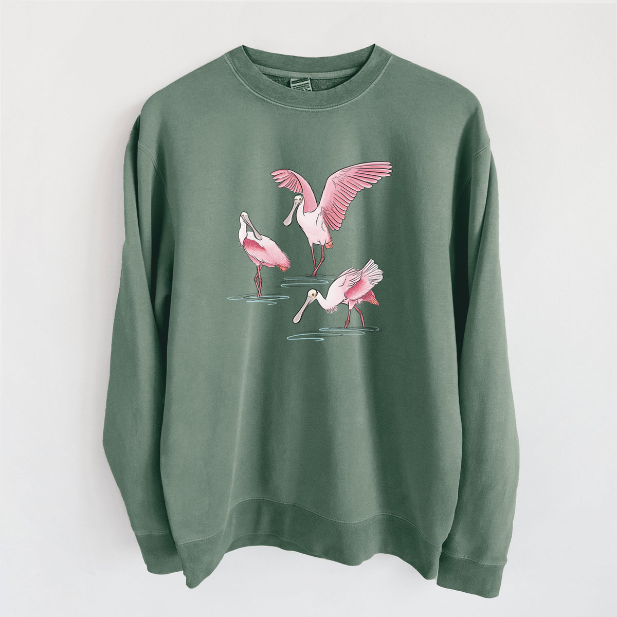 Roseate Spoonbill Trio - Platalea ajaja - Unisex Pigment Dyed Crew Sweatshirt in Alpine Green