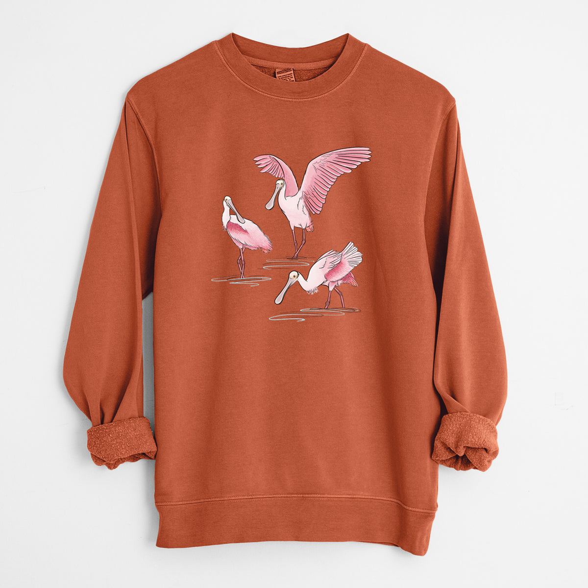 Roseate Spoonbill Trio - Platalea ajaja - Unisex Pigment Dyed Crew Sweatshirt in Amber