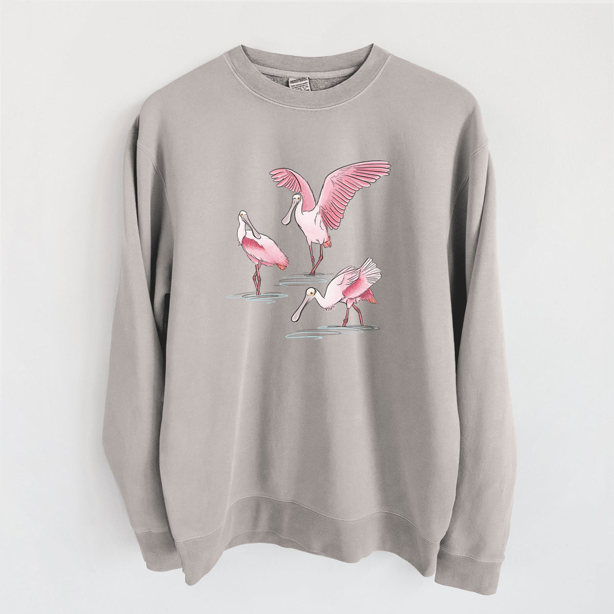 Roseate Spoonbill Trio - Platalea ajaja - Unisex Pigment Dyed Crew Sweatshirt in Cement