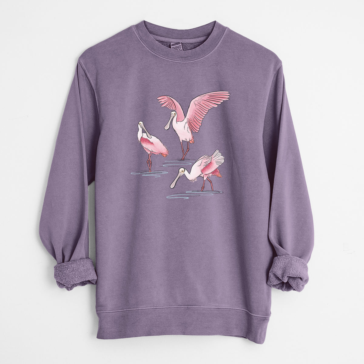 Roseate Spoonbill Trio - Platalea ajaja - Unisex Pigment Dyed Crew Sweatshirt in Plum