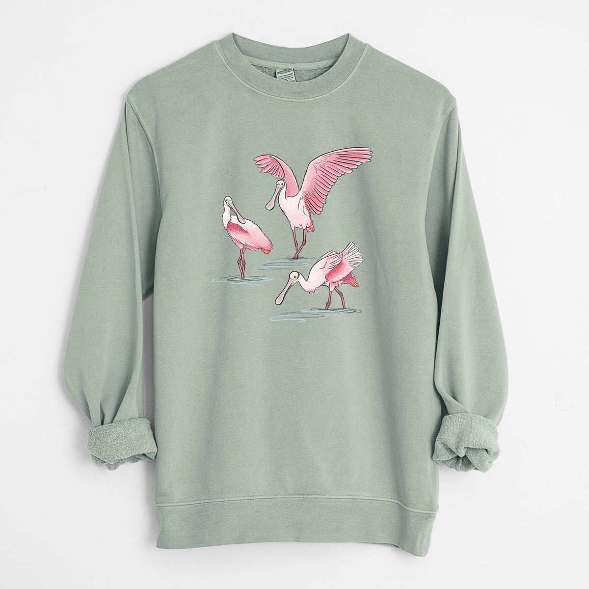 Roseate Spoonbill Trio - Platalea ajaja - Unisex Pigment Dyed Crew Sweatshirt in Sage