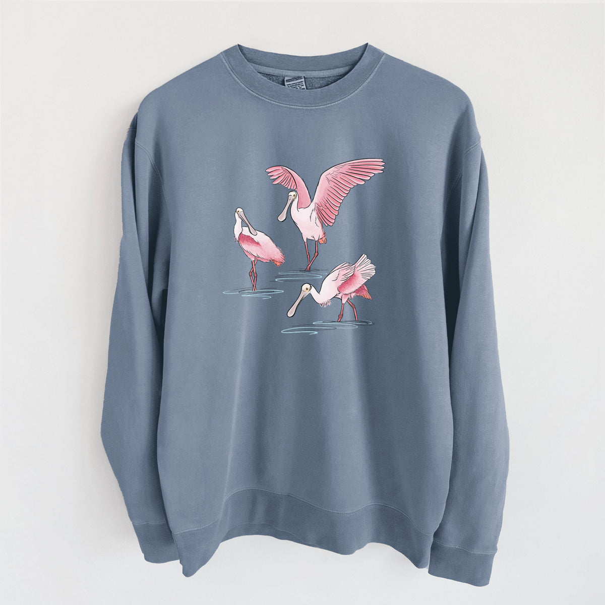 Roseate Spoonbill Trio - Platalea ajaja - Unisex Pigment Dyed Crew Sweatshirt in Slate Blue