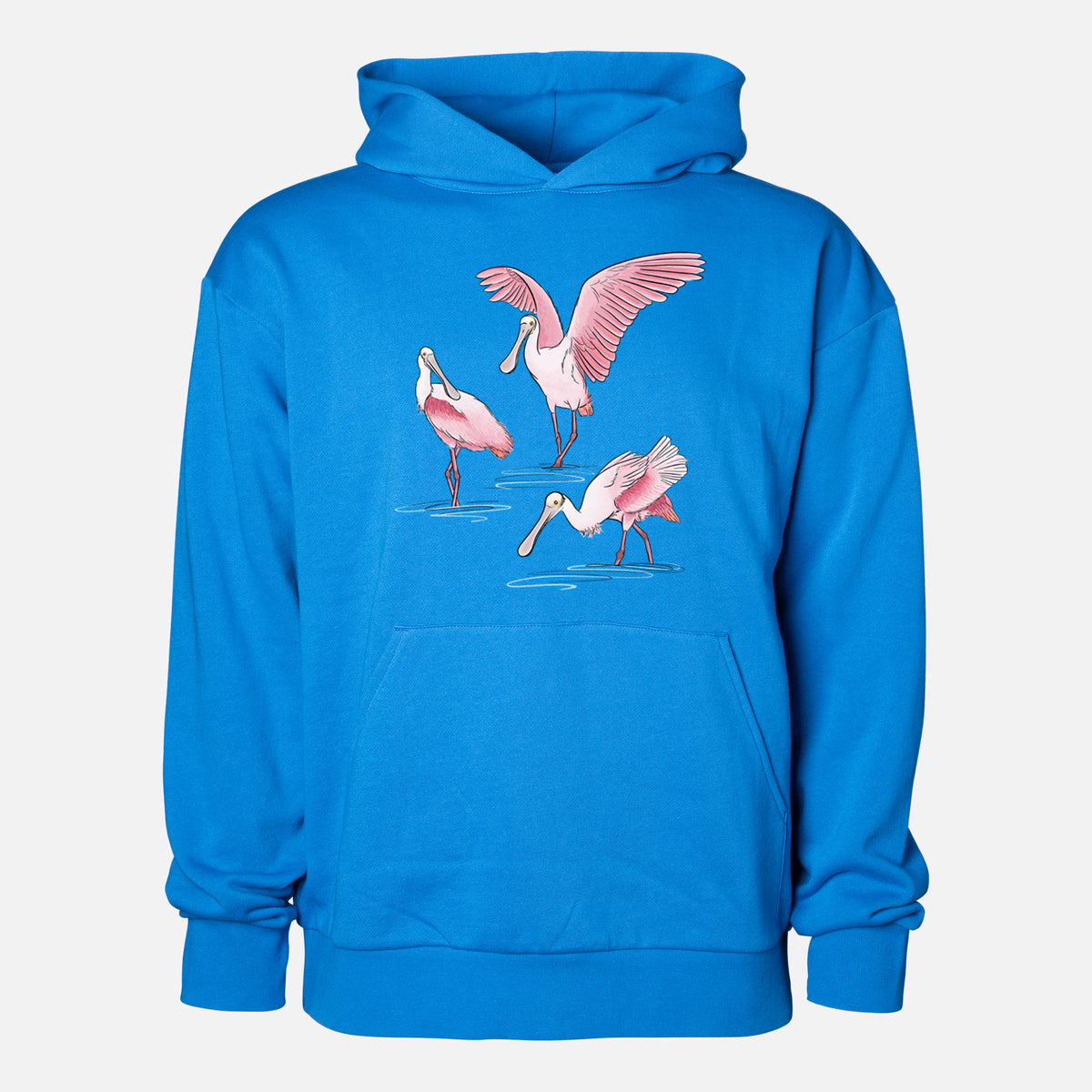 Roseate Spoonbill Trio - Platalea ajaja - Statement Midweight Hoodie in Azure Blue, shown from the front with the design printed on the chest above a front kangaroo pocket.