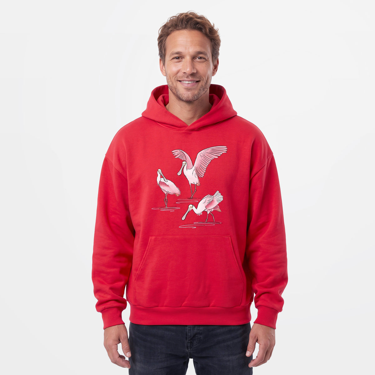 Male model wearing the Roseate Spoonbill Trio - Platalea ajaja - Statement Midweight Hoodie.