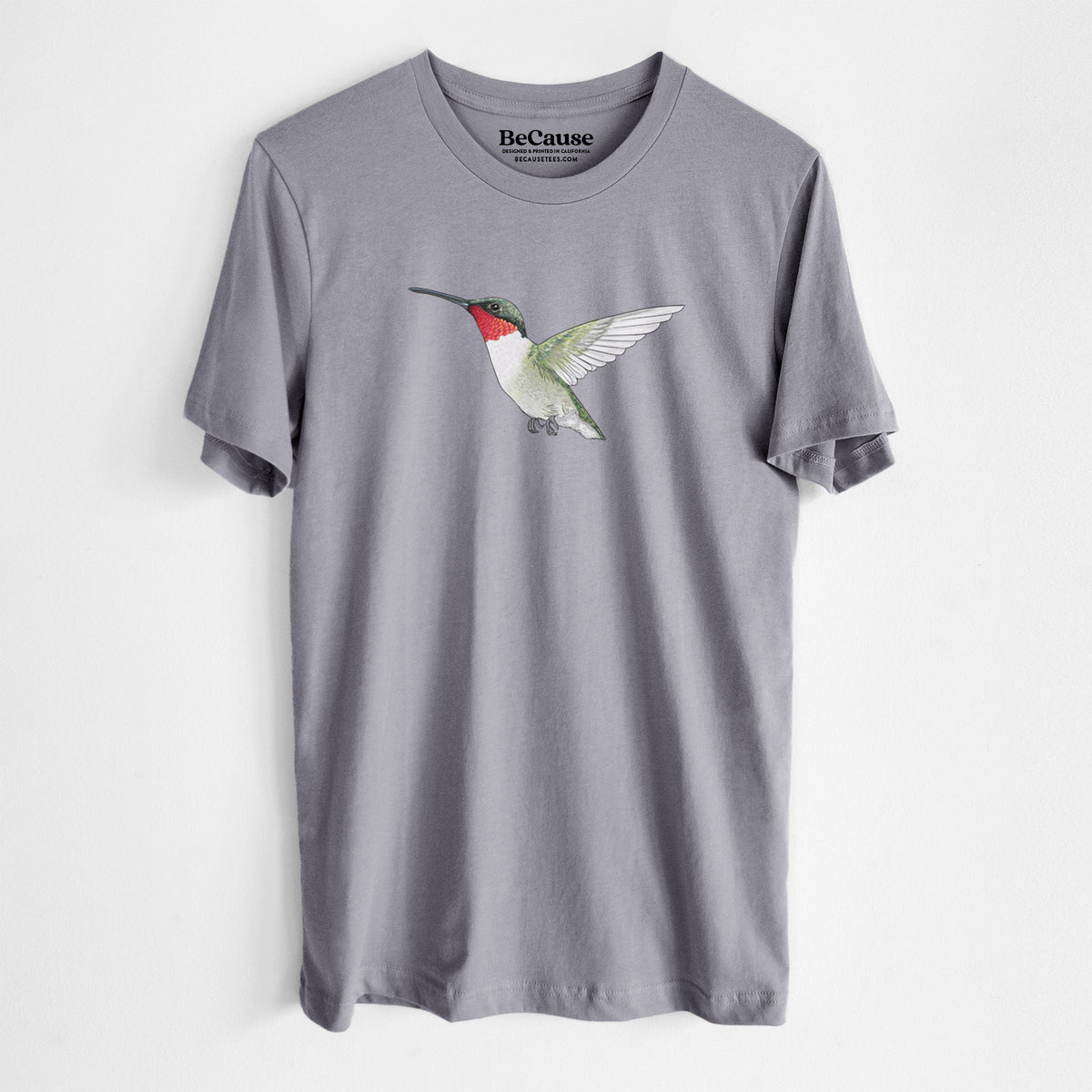 Storm grey lightweight cotton t-shirt laid flat, printed with a full-color illustration of a ruby-throated hummingbird in flight.