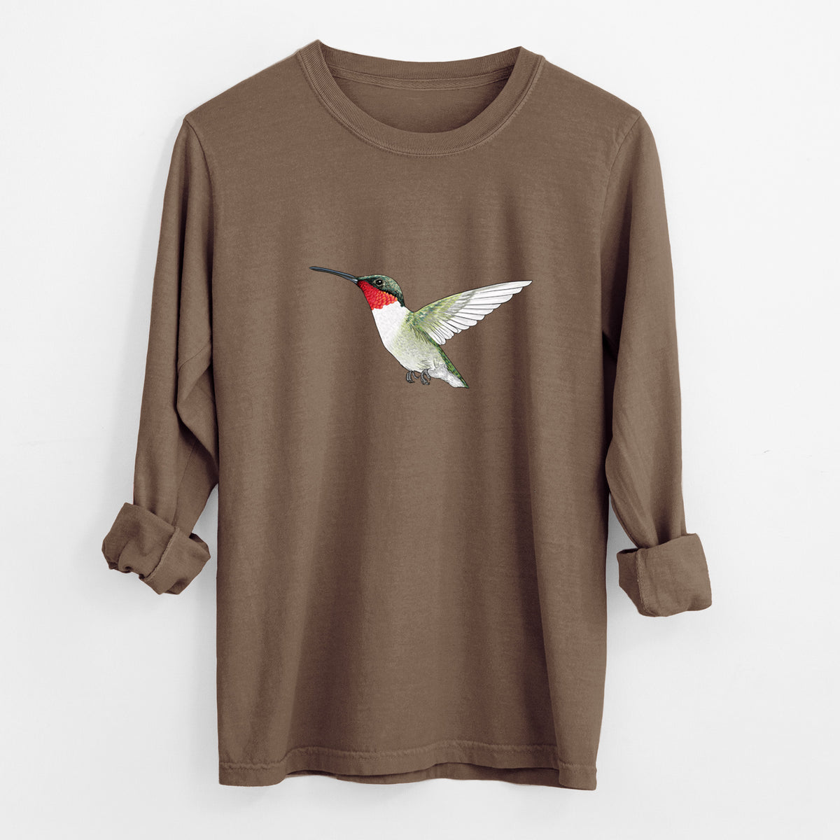 Espresso brown Comfort Colors long sleeve shirt laid flat with the cuffs rolled, printed with a full-color illustration of a ruby-throated hummingbird in flight.