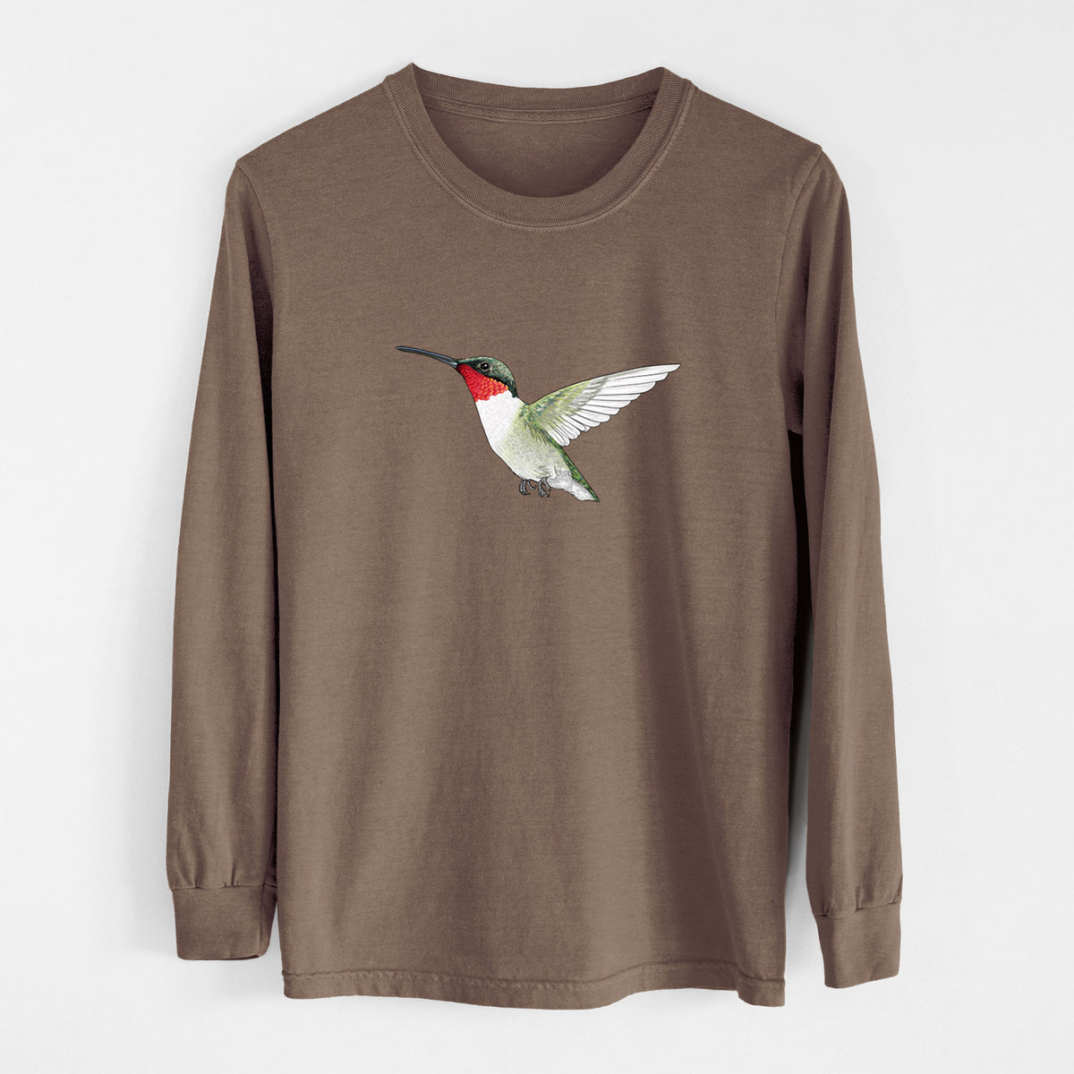 Espresso brown Comfort Colors long sleeve shirt laid flat, printed with a full-color illustration of a ruby-throated hummingbird in flight.