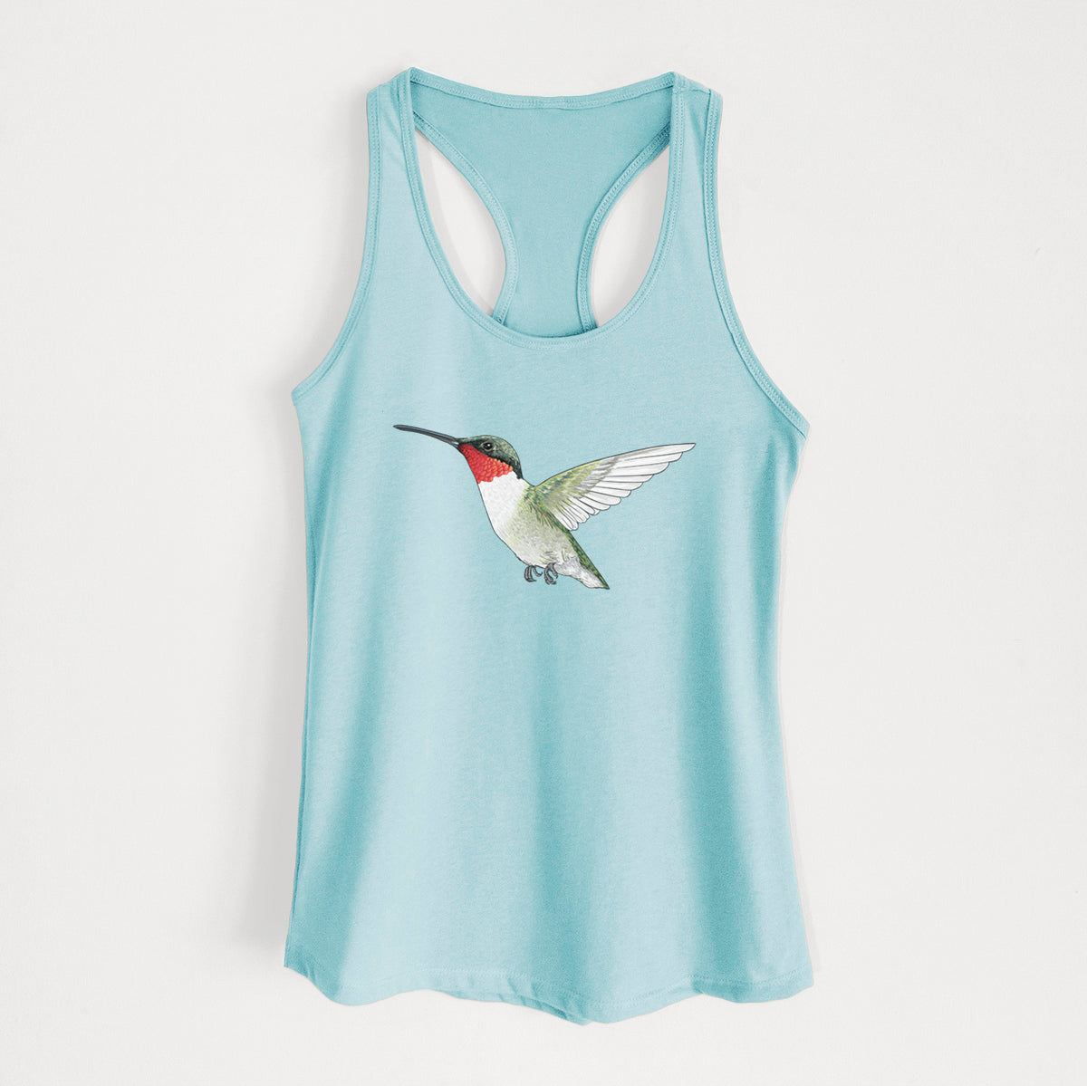 Cancun blue women's racerback tank top laid flat, printed with a full-color illustration of a ruby-throated hummingbird in flight.