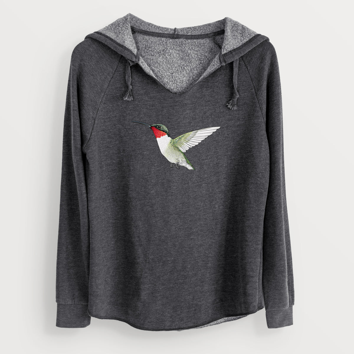 Charcoal grey women's Cali Wave hooded sweatshirt laid flat, printed with a full-color illustration of a ruby-throated hummingbird in flight.