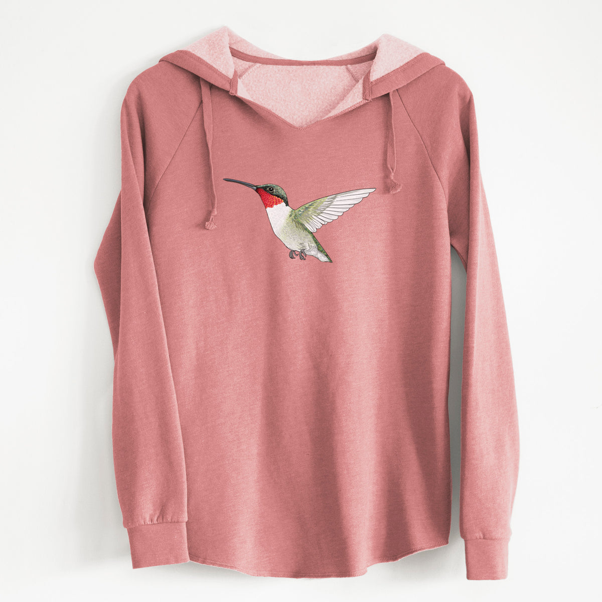 Dusty rose women's Cali Wave hooded sweatshirt laid flat, printed with a full-color illustration of a ruby-throated hummingbird in flight.