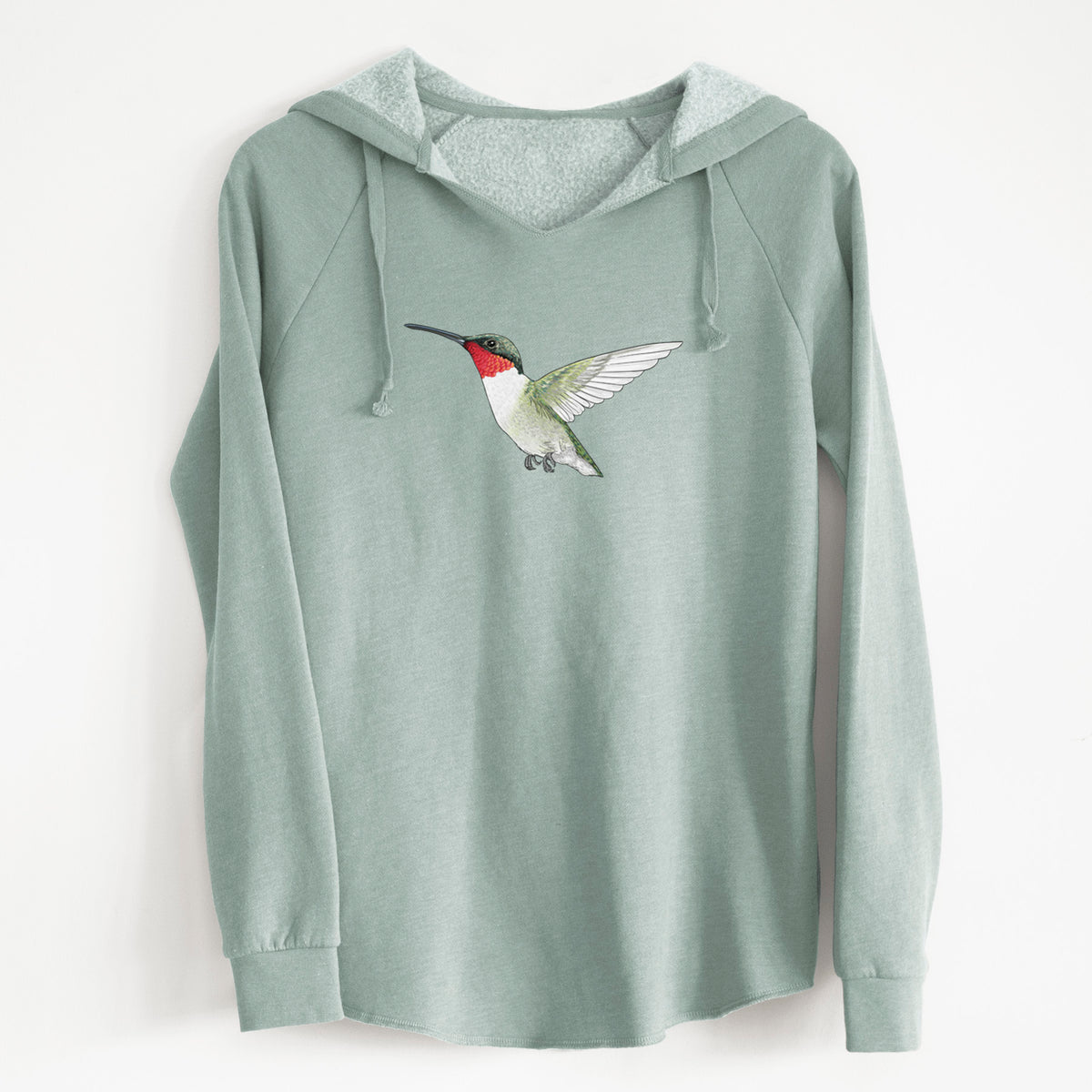 Sage green women's Cali Wave hooded sweatshirt laid flat, printed with a full-color illustration of a ruby-throated hummingbird in flight.