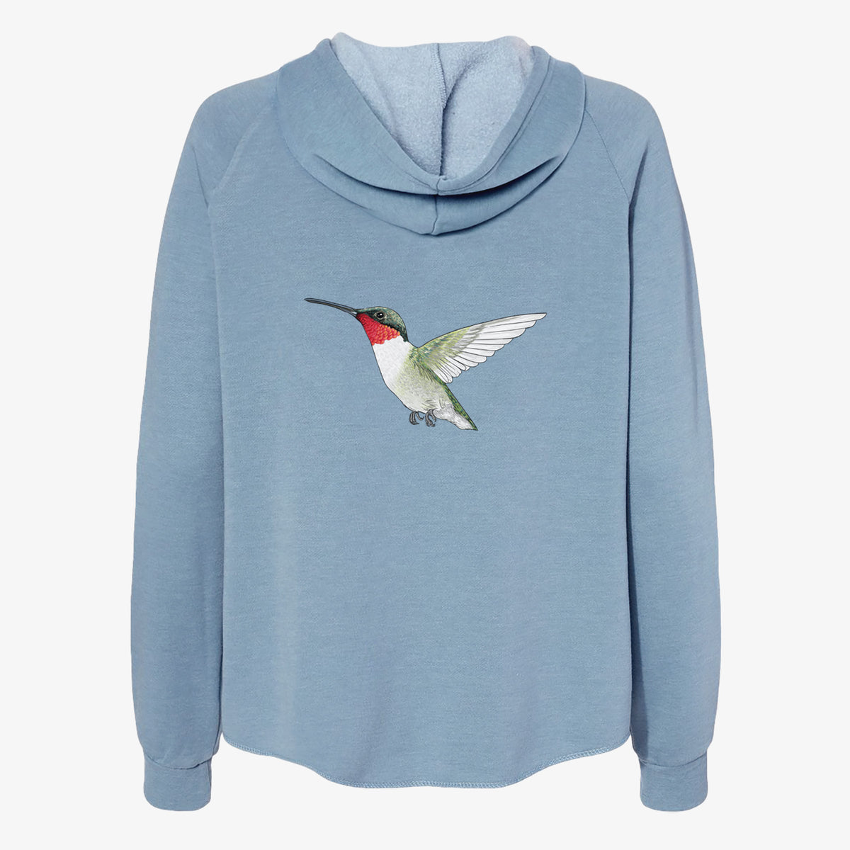 Misty blue women's Cali Wave zip-up sweatshirt laid flat, printed with a full-color illustration of a ruby-throated hummingbird in flight.