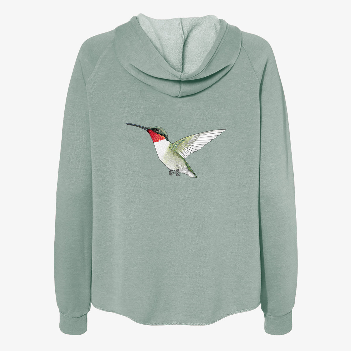 Sage green women's Cali Wave zip-up sweatshirt laid flat, printed with a full-color illustration of a ruby-throated hummingbird in flight.