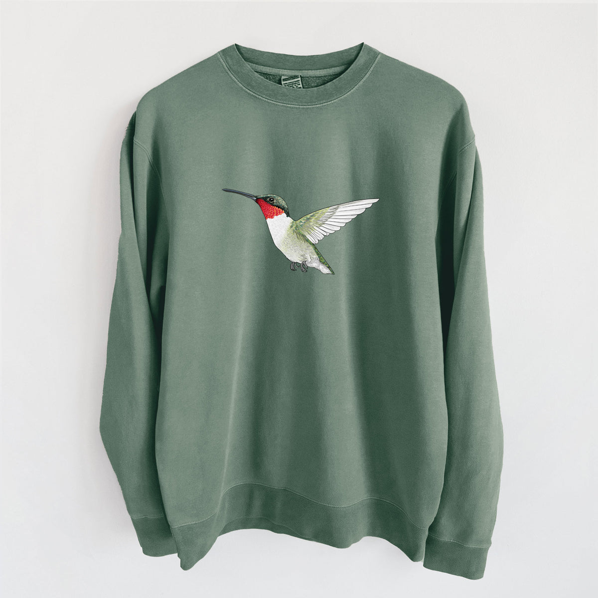Vibrant Ruby-throated Hummingbird - Archilochus colubris - Unisex Pigment Dyed Crew Sweatshirt in Alpine Green