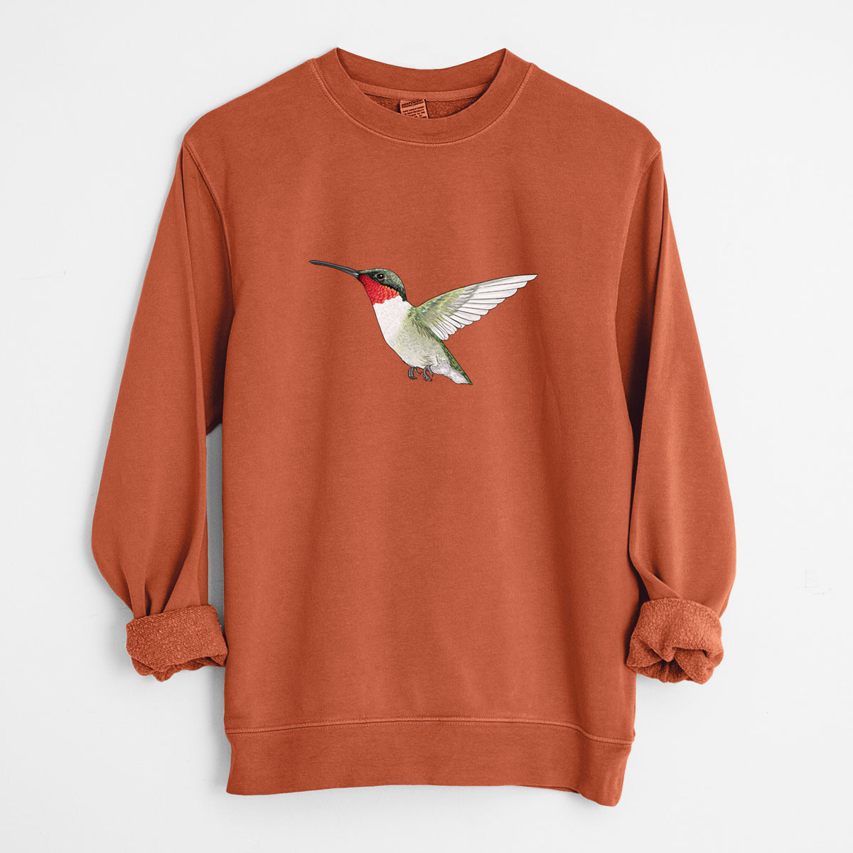 Vibrant Ruby-throated Hummingbird - Archilochus colubris - Unisex Pigment Dyed Crew Sweatshirt in Amber