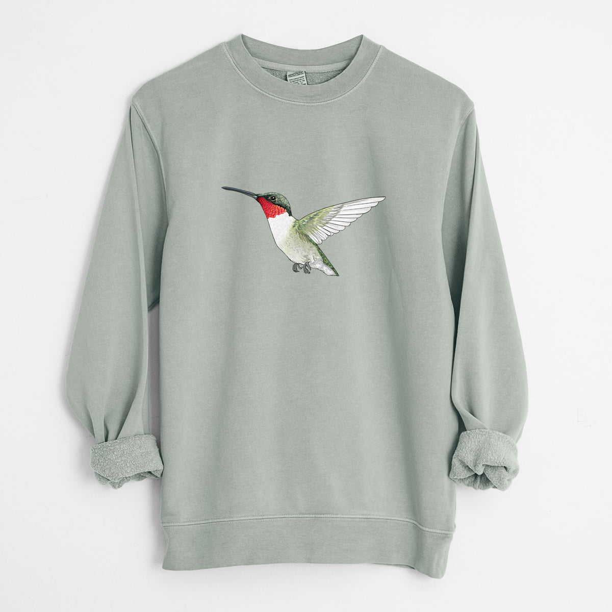 Vibrant Ruby-throated Hummingbird - Archilochus colubris - Unisex Pigment Dyed Crew Sweatshirt in Sage