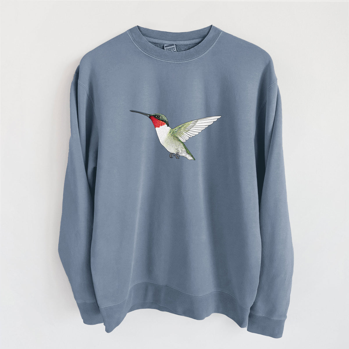 Vibrant Ruby-throated Hummingbird - Archilochus colubris - Unisex Pigment Dyed Crew Sweatshirt in Slate Blue