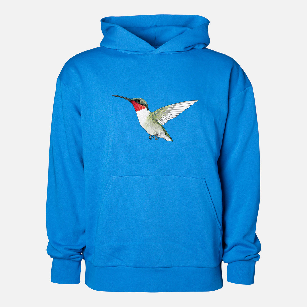 Vibrant Ruby-throated Hummingbird - Archilochus colubris - Statement Midweight Hoodie in Azure Blue, shown from the front with the design printed on the chest above a front kangaroo pocket.