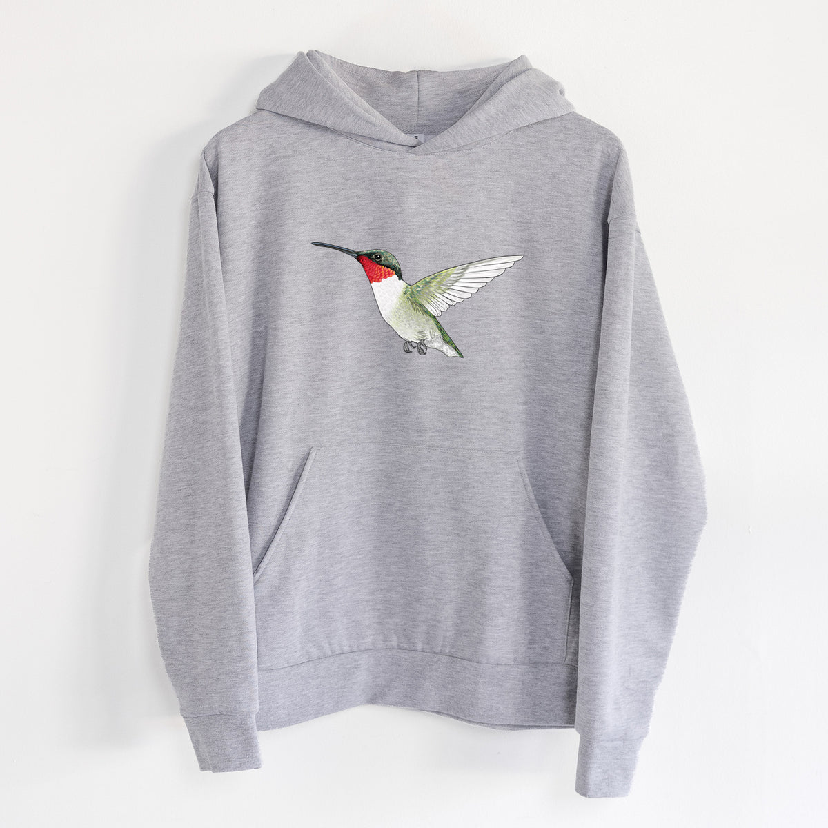 Vibrant Ruby-throated Hummingbird - Archilochus colubris - Statement Midweight Hoodie in Heather Grey, hanging on a white wall, with a front kangaroo pocket and no drawcords.