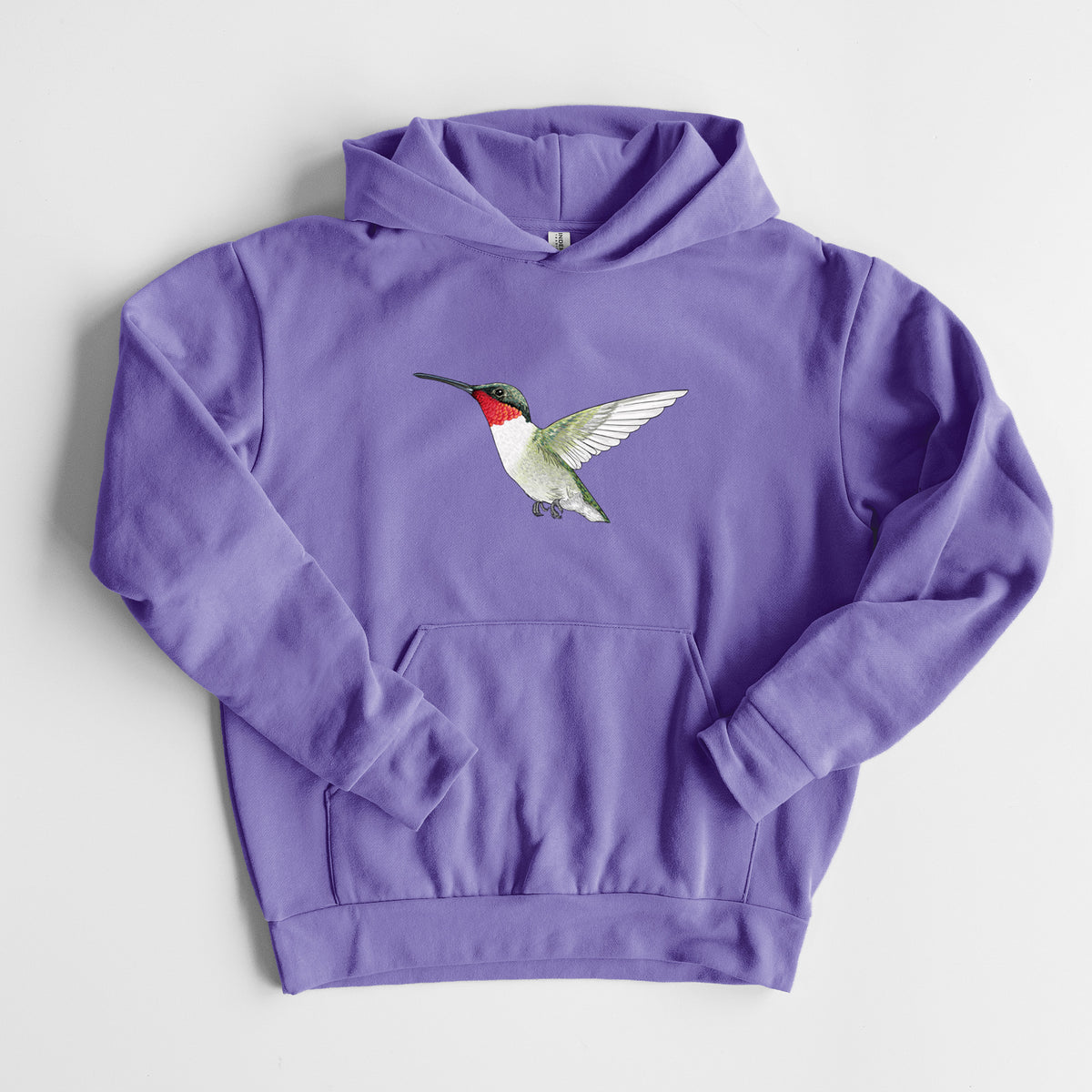 Vibrant Ruby-throated Hummingbird - Archilochus colubris - Statement Midweight Hoodie in Violet, laid flat, showing the oversized boxy fit and front kangaroo pocket.