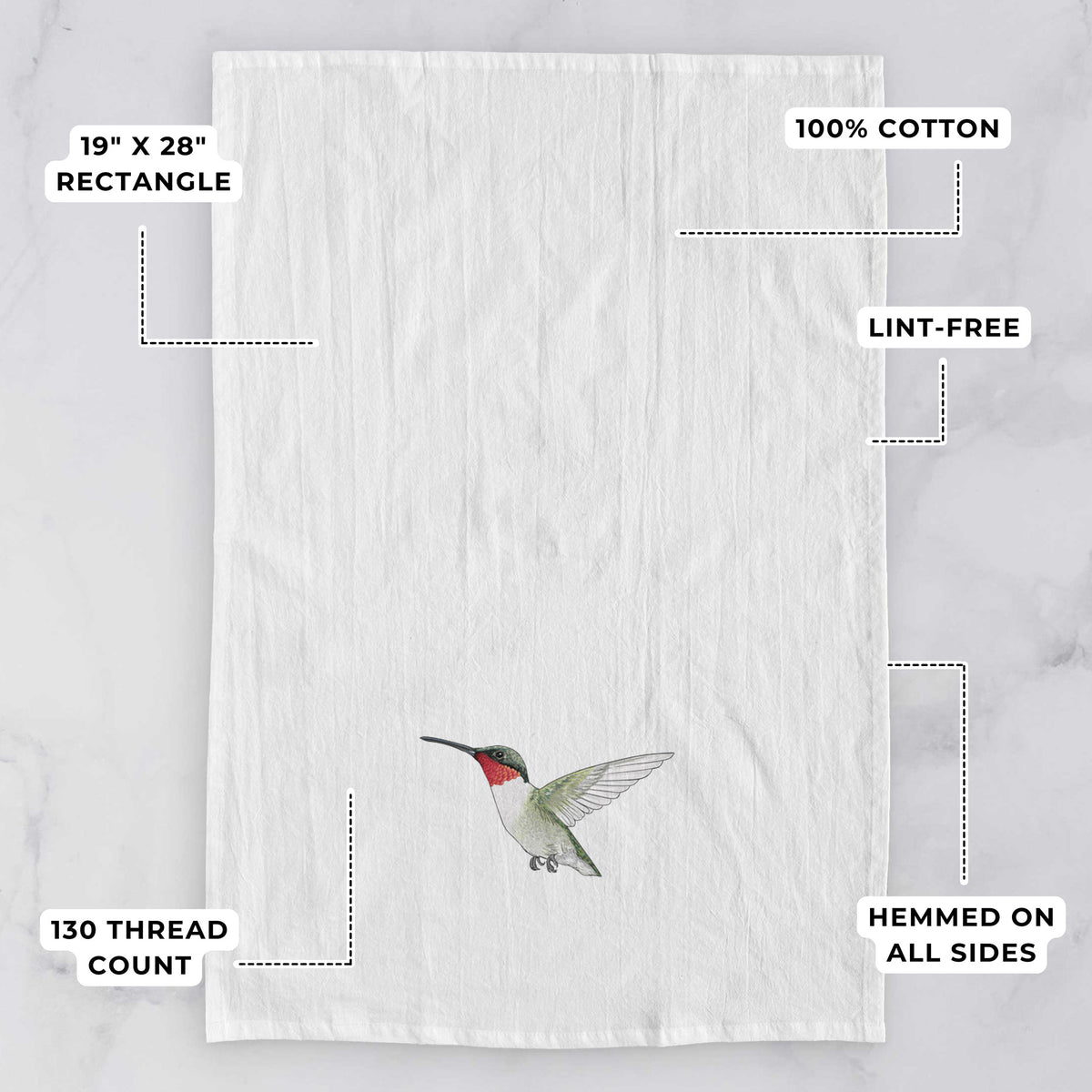 White tea towel printed with a full-color illustration of a ruby-throated hummingbird in flight, with feature labels: 19 by 28 inch rectangle, 100% cotton, lint-free, 130 thread count, hemmed on all sides.