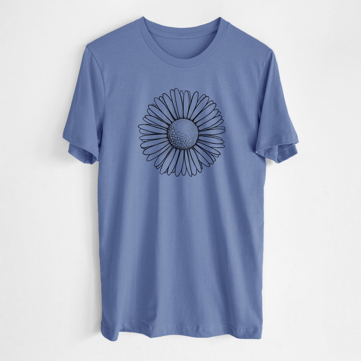 Blue bell lightweight cotton t-shirt laid flat, printed with a detailed black ink line drawing of a single common daisy flower.