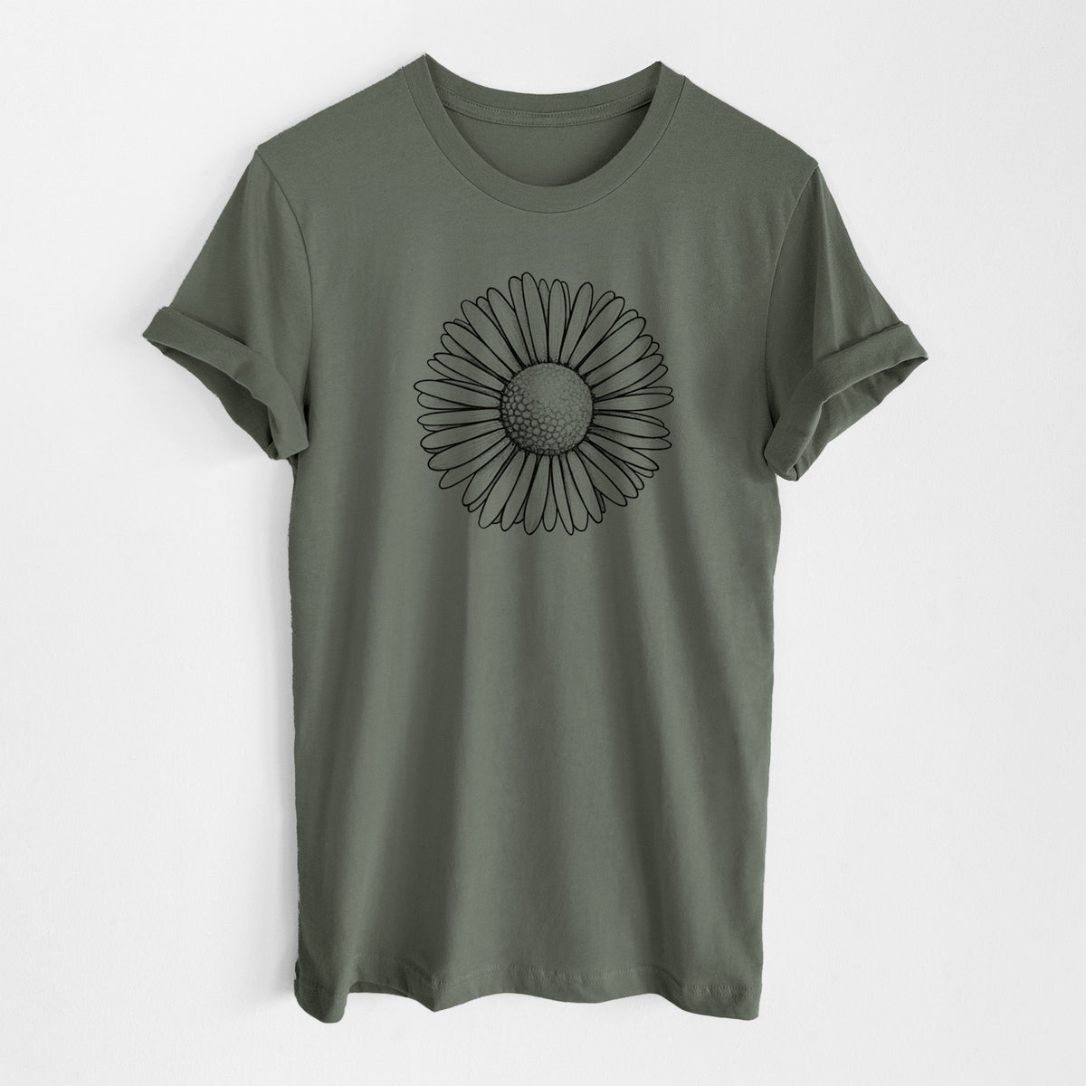Military green lightweight cotton t-shirt laid flat, printed with a detailed black ink line drawing of a single common daisy flower.