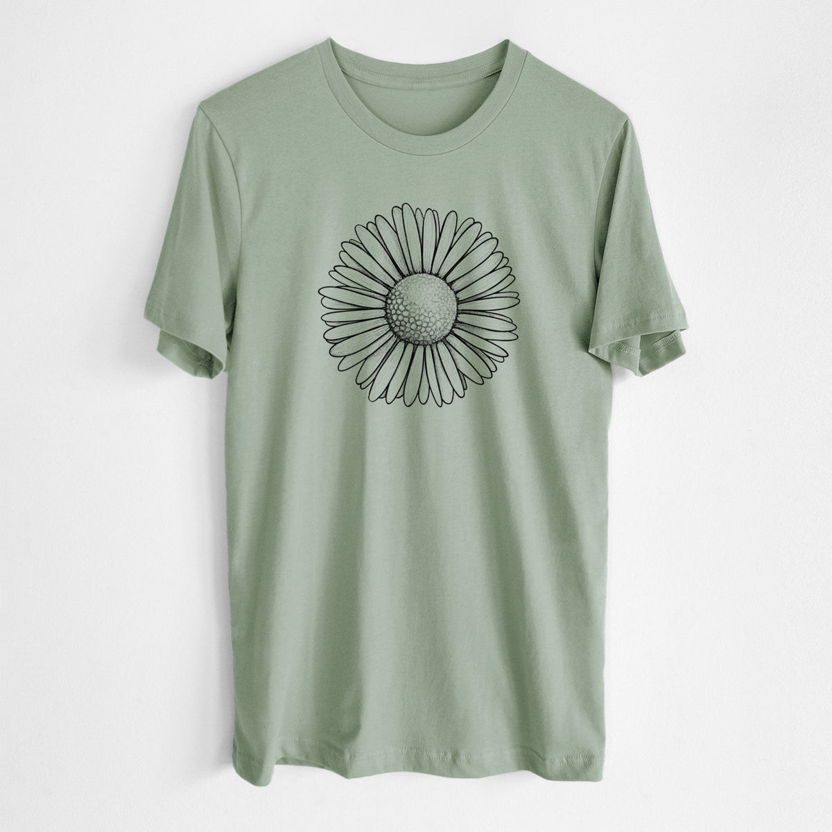 Sage green lightweight cotton t-shirt laid flat, printed with a detailed black ink line drawing of a single common daisy flower.