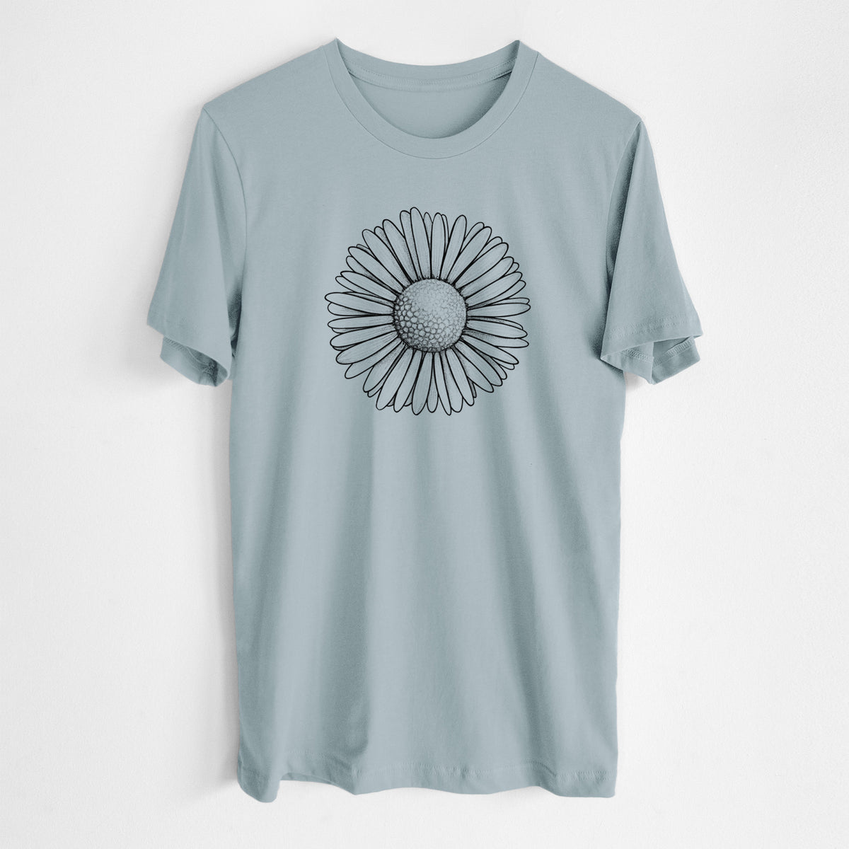 Vintage denim lightweight cotton t-shirt laid flat, printed with a detailed black ink line drawing of a single common daisy flower.