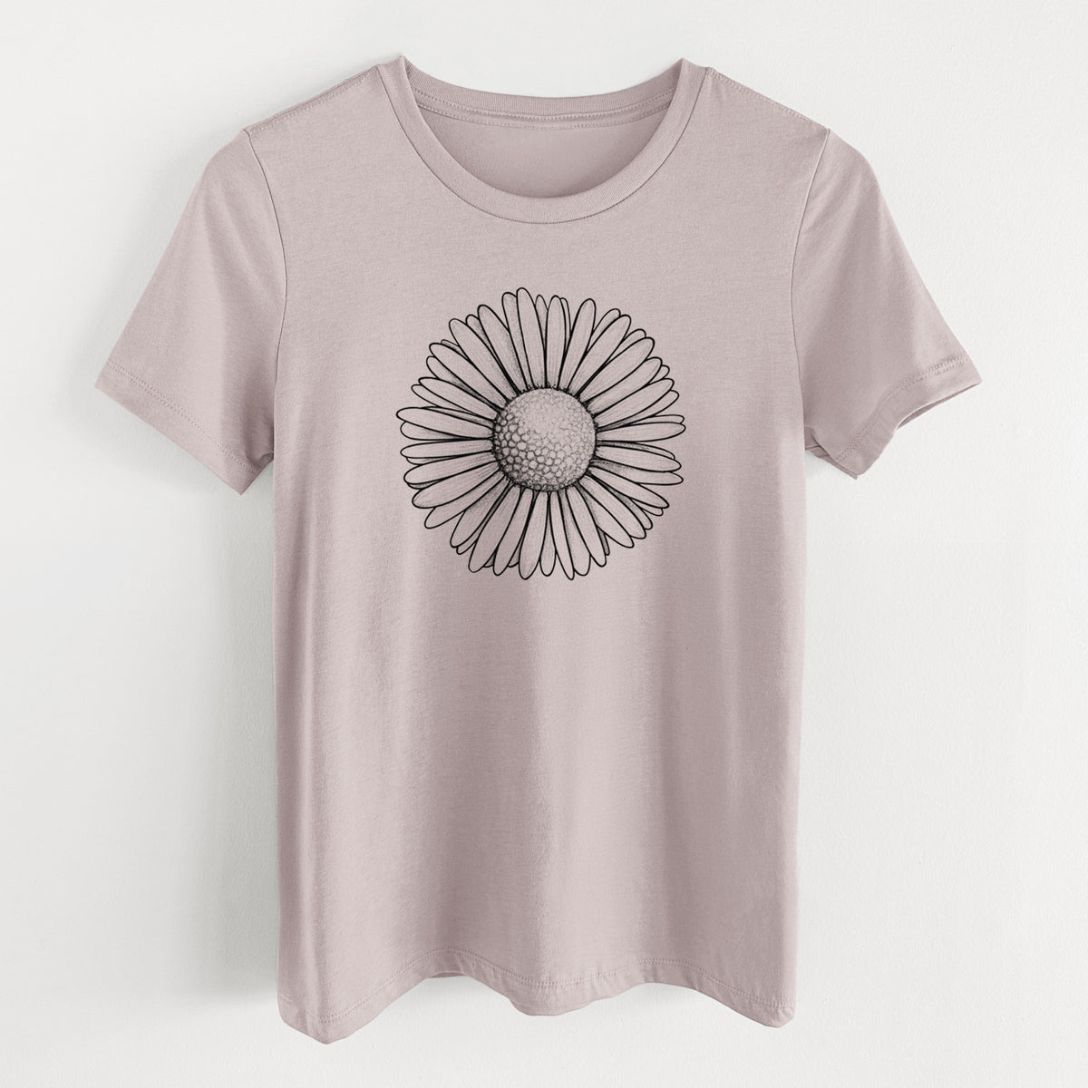 Pink gravel women's relaxed fit cotton t-shirt laid flat, printed with a detailed black ink line drawing of a single common daisy flower.