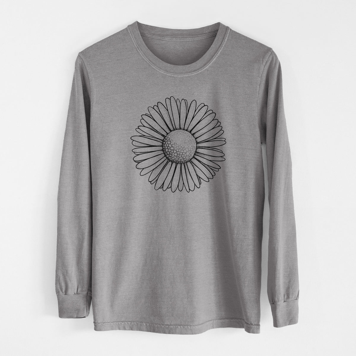 Grey Comfort Colors long sleeve shirt laid flat, printed with a detailed black ink line drawing of a single common daisy flower.