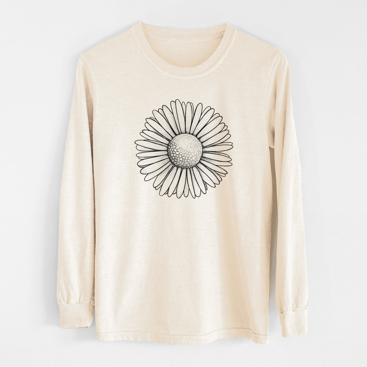 Ivory Comfort Colors long sleeve shirt laid flat, printed with a detailed black ink line drawing of a single common daisy flower.