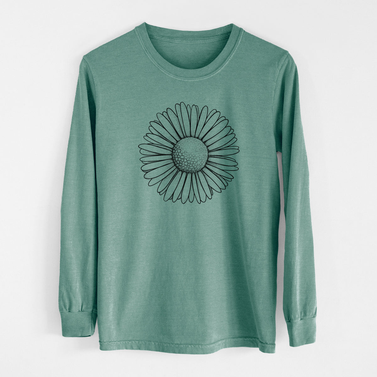 Pine green Comfort Colors long sleeve shirt laid flat, printed with a detailed black ink line drawing of a single common daisy flower.