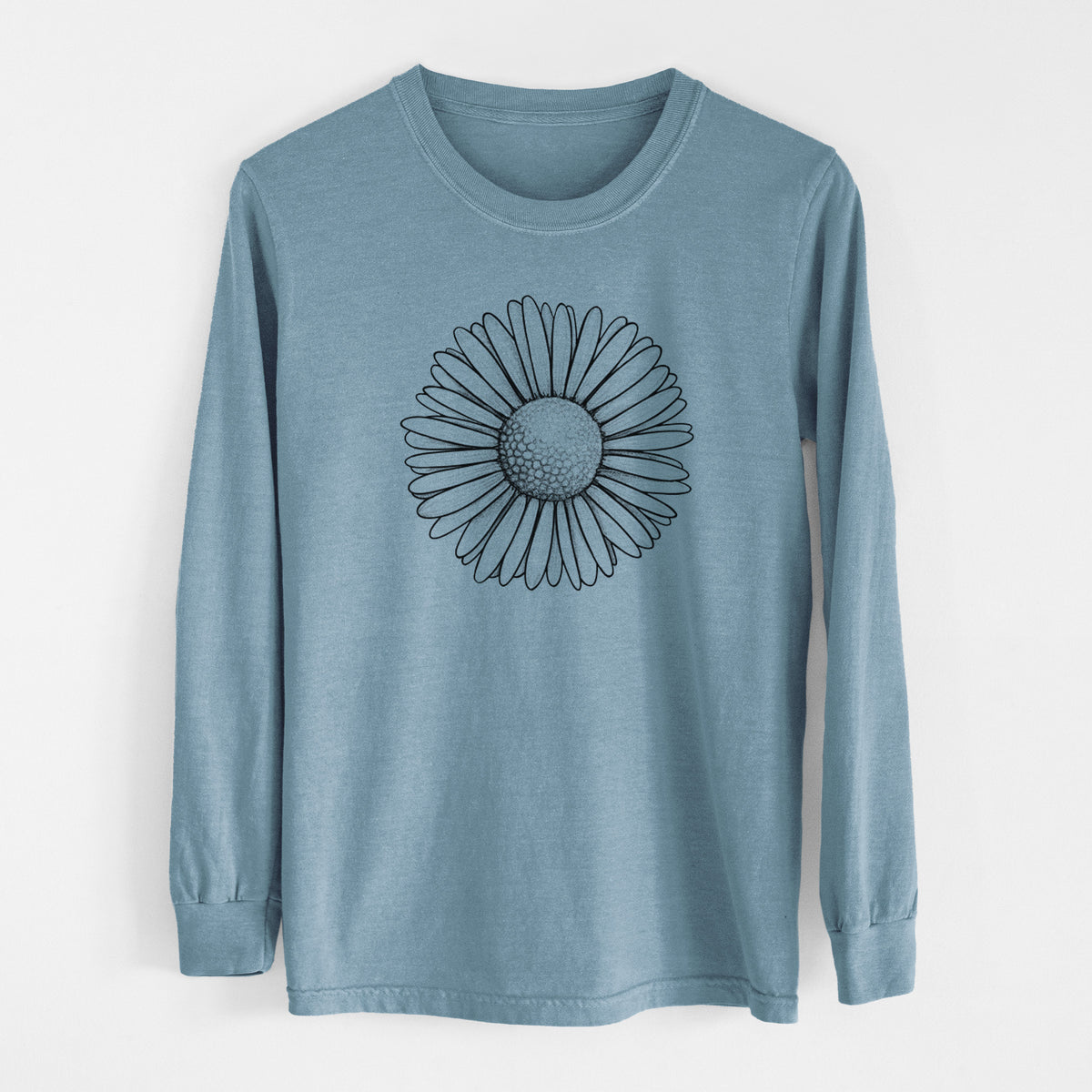 Steel blue Comfort Colors long sleeve shirt laid flat, printed with a detailed black ink line drawing of a single common daisy flower.
