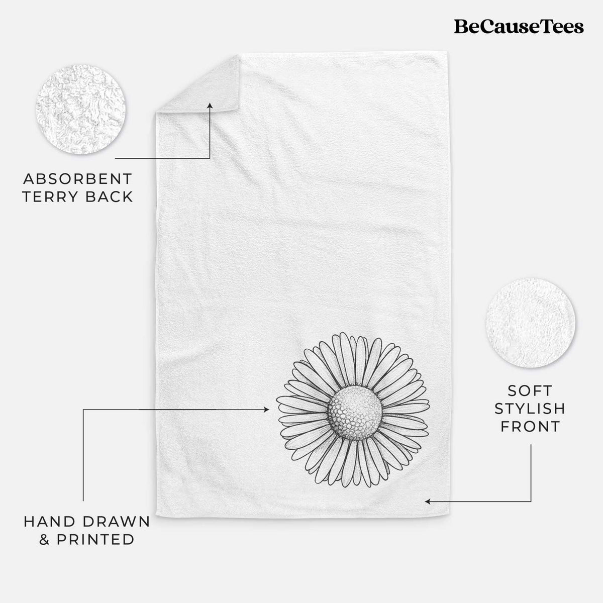 White hand towel printed with a detailed black ink line drawing of a single common daisy flower.
