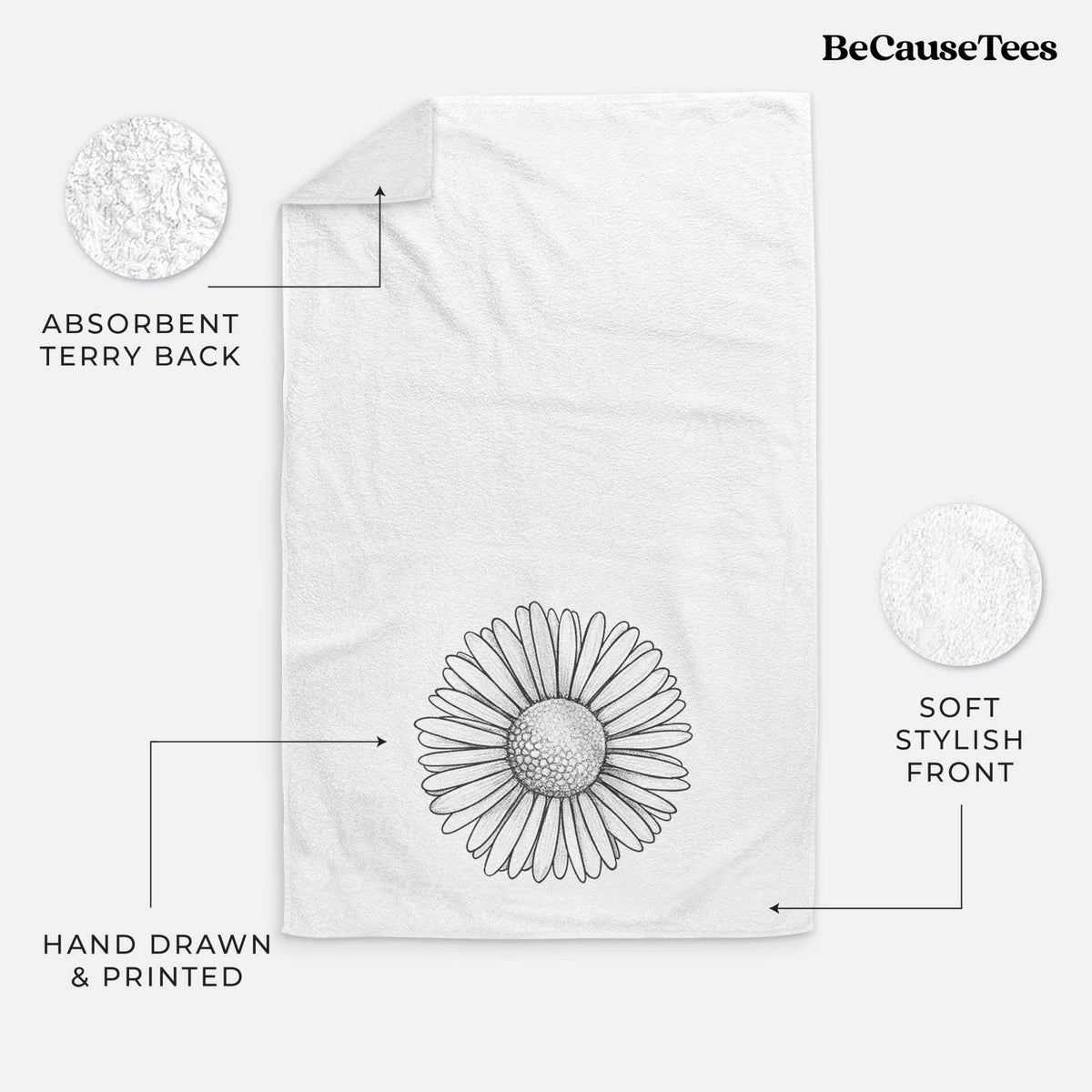 White hand towel printed with a detailed black ink line drawing of a single common daisy flower.