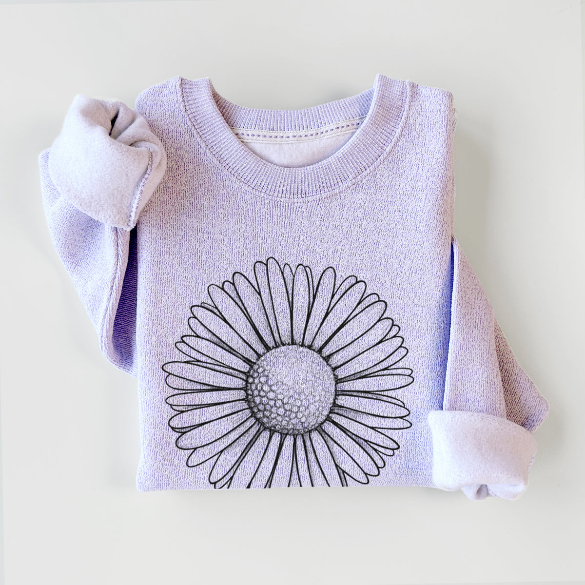 Ice purple knit sweatshirt printed with a detailed black ink line drawing of a single common daisy flower, styled flat.