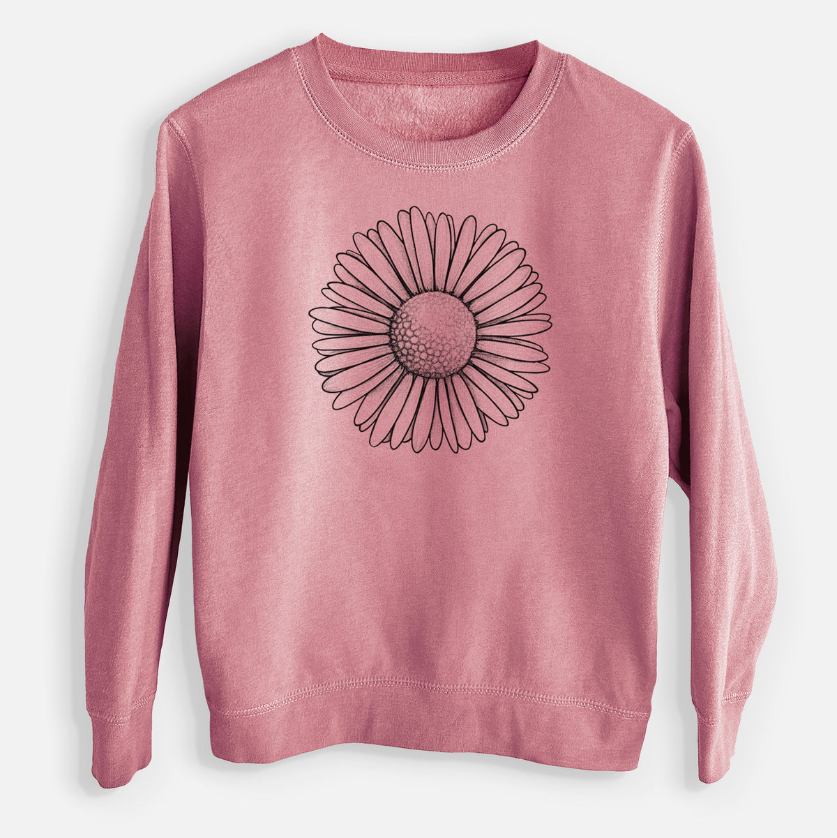 Mauve pink youth crewneck sweatshirt laid flat, printed with a detailed black ink line drawing of a single common daisy flower.