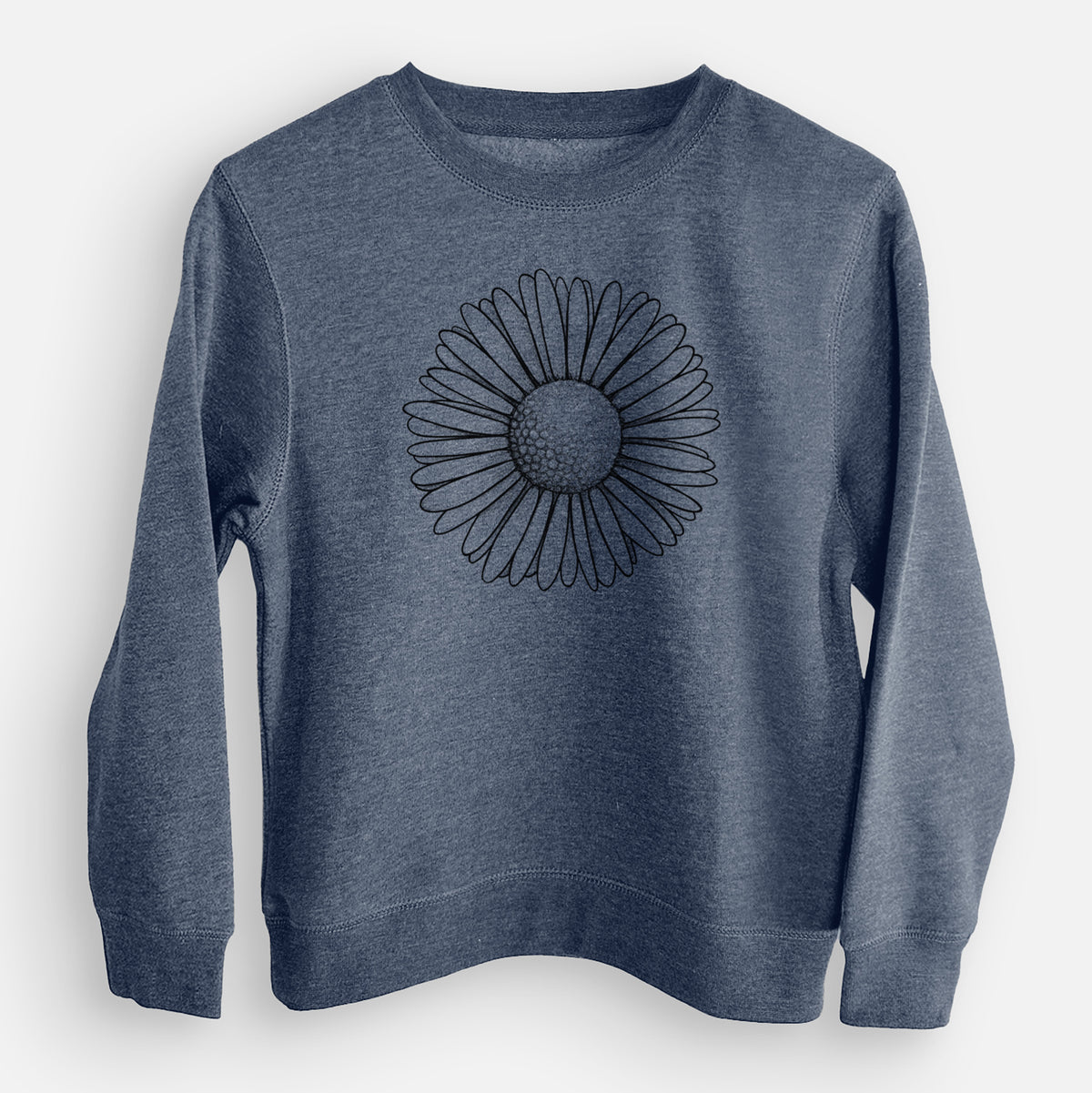 Storm blue youth crewneck sweatshirt laid flat, printed with a detailed black ink line drawing of a single common daisy flower.