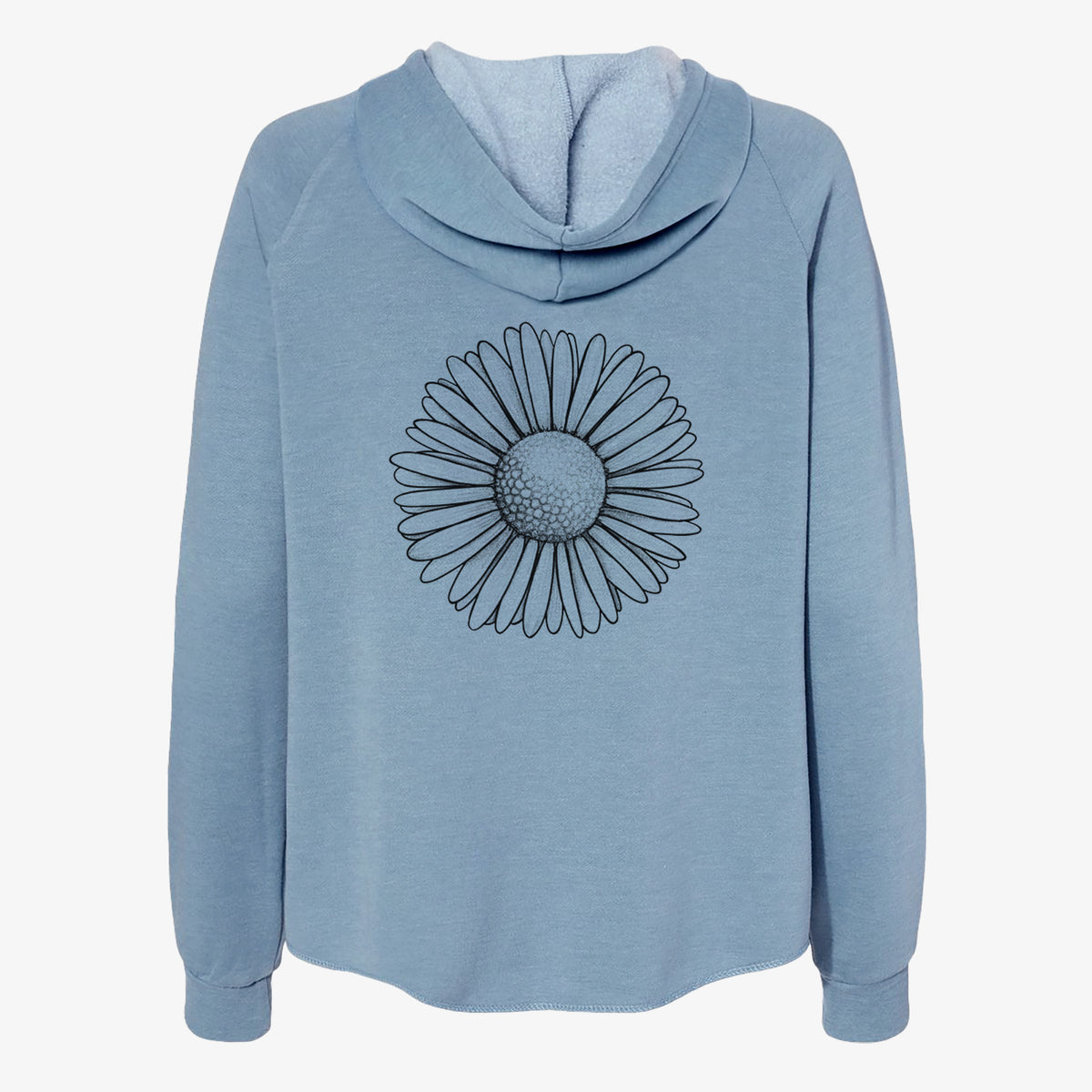 Misty blue women's Cali Wave zip-up sweatshirt laid flat, printed with a detailed black ink line drawing of a single common daisy flower.