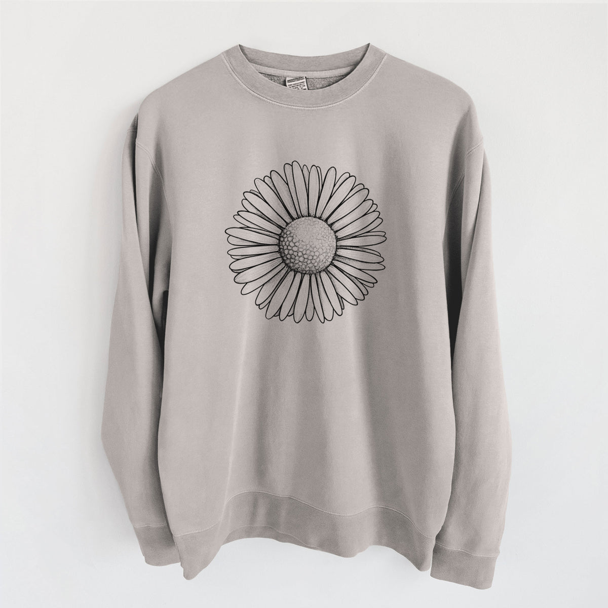 Cement grey pigment dyed crewneck sweatshirt laid flat, printed with a detailed black ink line drawing of a single common daisy flower.